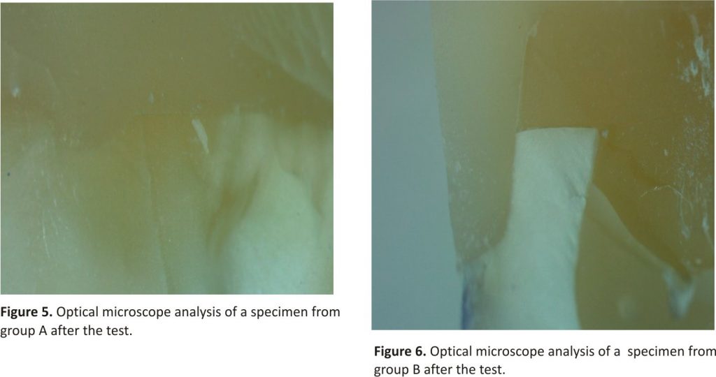 Optical microscope analysis of a specimen from groups A and B after the test.