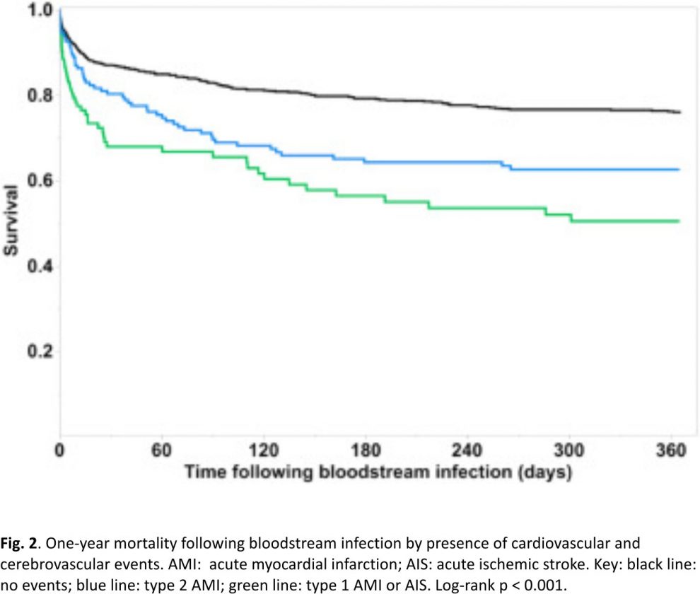 Fig. 2. One-year mortality following bloodstream infection by presence of cardiovascular and cerebrovascular events. AMI: acute myocardial infarction; AIS: acute ischemic stroke. Key: black line: no events; blue line: type 2 AMI; green line: type 1 AMI or AIS. Log-rank p < 0.001.