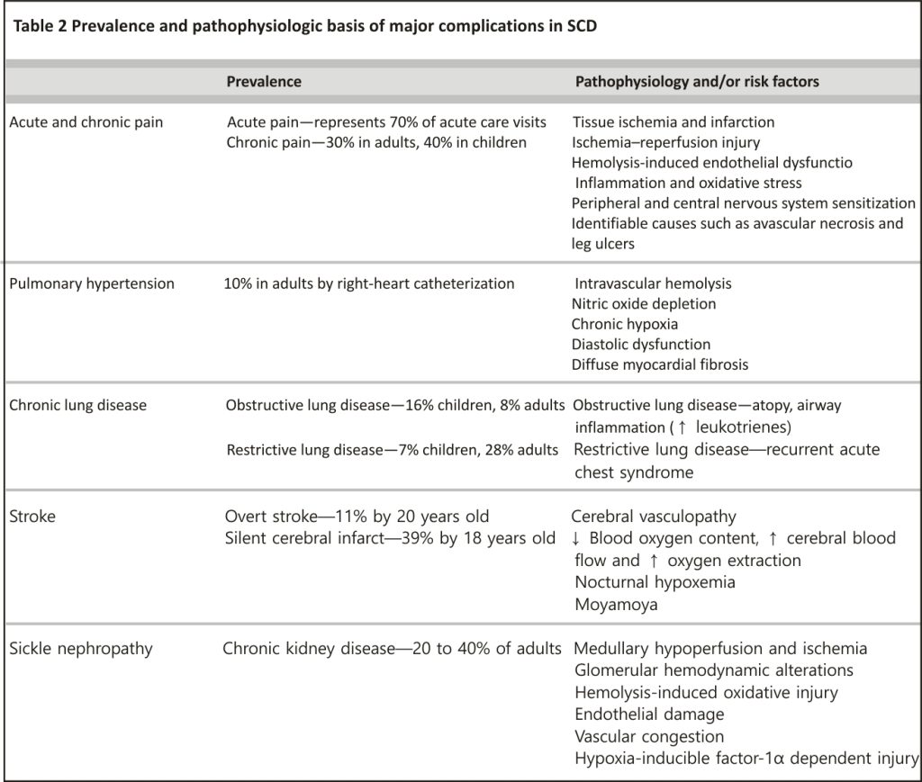 Table 2 Prevalence and pathophysiologic basis of major complications in SCD