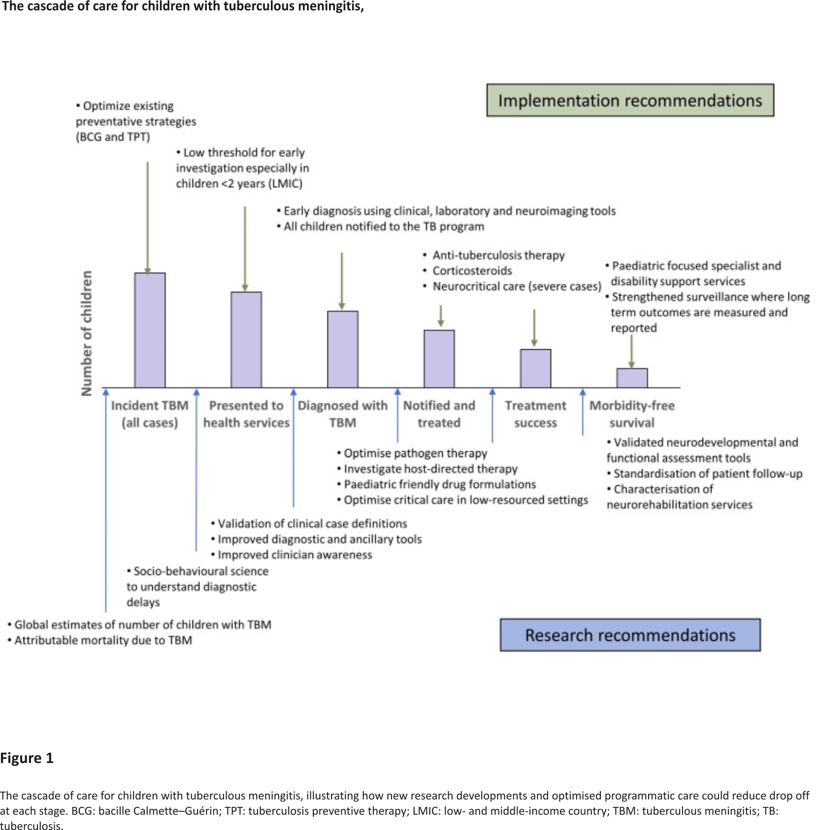 The cascade of care for children with tuberculous meningitis, illustrating how new research developments and optimised programmatic care could reduce drop off at each stage.