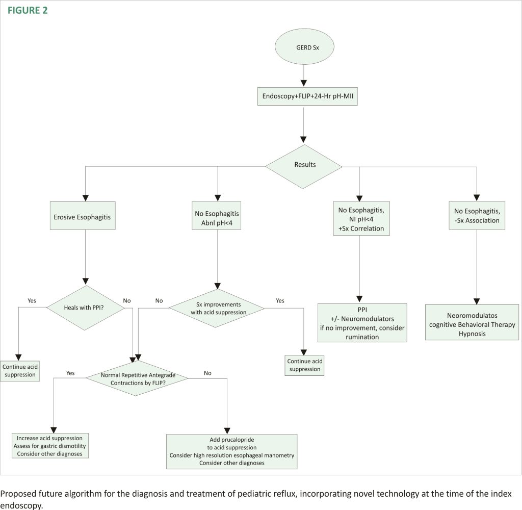 Proposed future algorithm for the diagnosis and treatment of pediatric reflux, incorporating novel technology at the time of the index endoscopy.